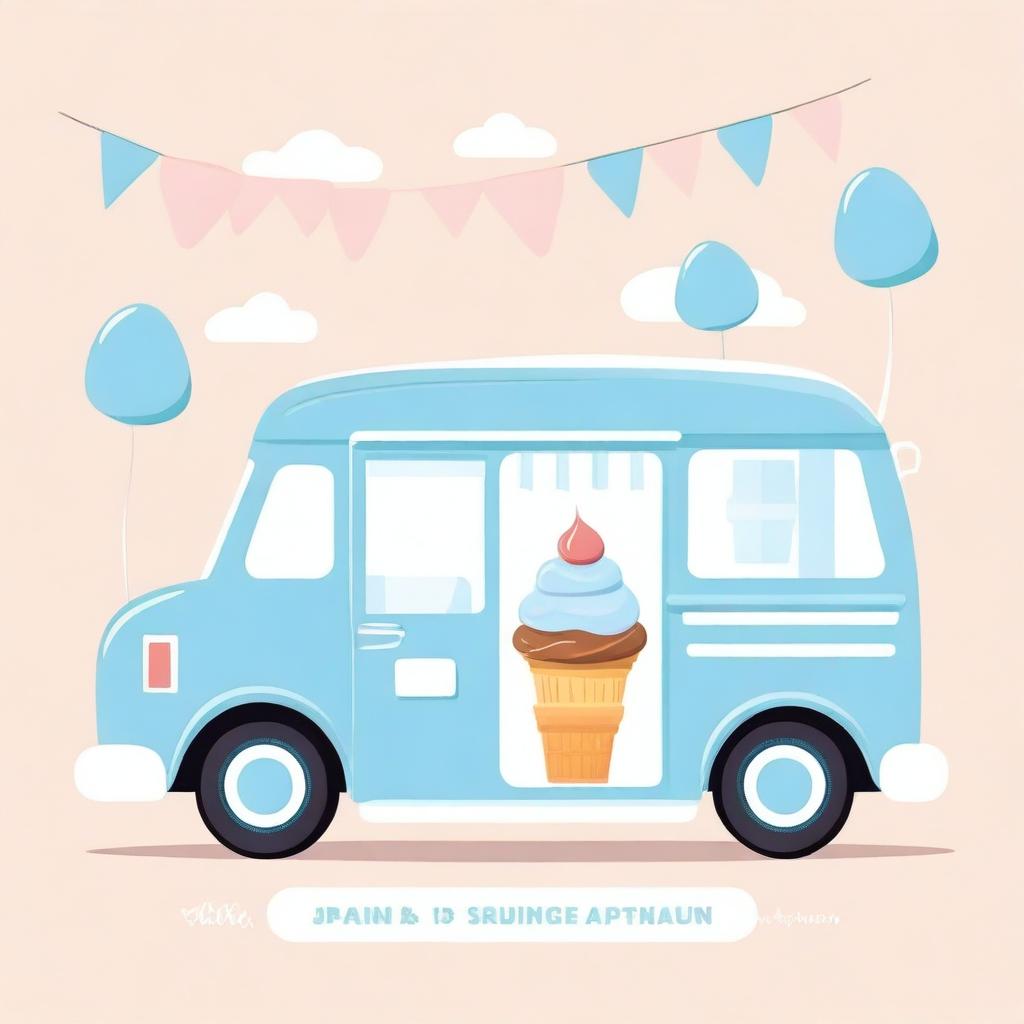 A charming ice cream truck illustrated in blue pastel colors, perfect for a baby shower invitation