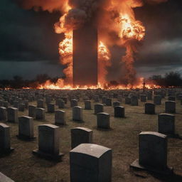 An eerie image of an above-ground cemetery enduring a nuclear explosion. The world is in flames, with fire-lit mausoleums and monoliths standing resilient amidst the global pyre.