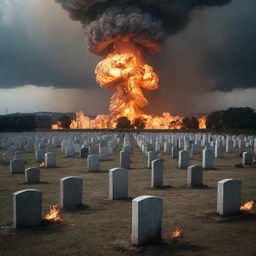 An eerie image of an above-ground cemetery enduring a nuclear explosion. The world is in flames, with fire-lit mausoleums and monoliths standing resilient amidst the global pyre.