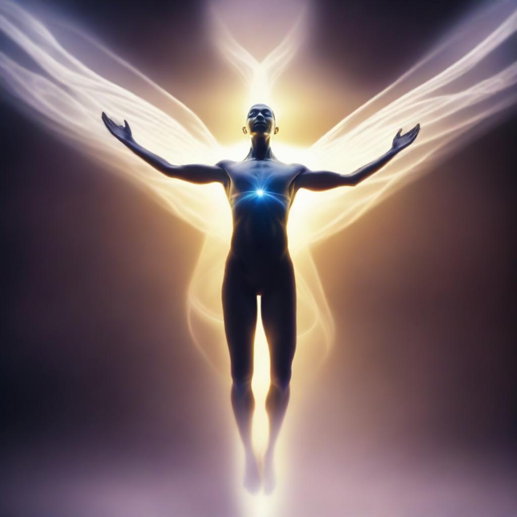 An image depicting an energy body flying with its face turned backward