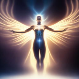 An image depicting an energy body surrounded by glowing light, flying through the air