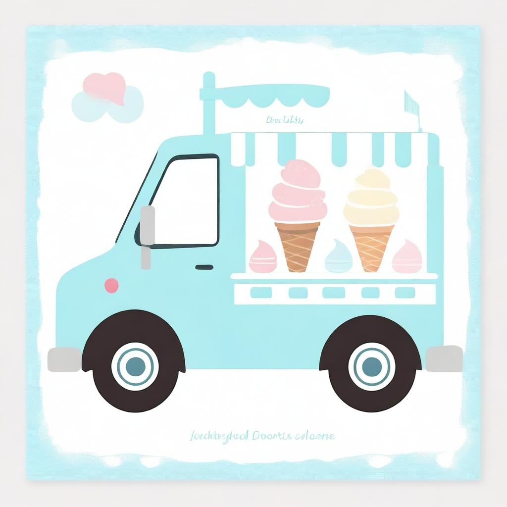 A charming ice cream truck in pastel blue colors, perfect for a baby shower invitation