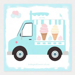 A charming ice cream truck in pastel blue colors, perfect for a baby shower invitation