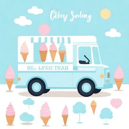 A charming ice cream truck in pastel blue colors, perfect for a baby shower invitation