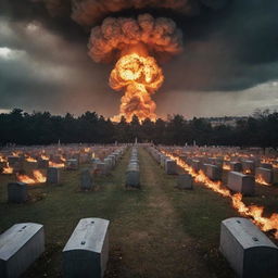 An eerie image of an above-ground cemetery enduring a nuclear explosion. The world is in flames, with fire-lit mausoleums and monoliths standing resilient amidst the global pyre.