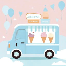 A charming ice cream truck in pastel blue colors, perfect for a baby shower invitation