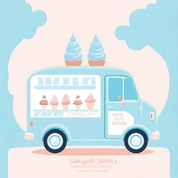 A charming ice cream truck in pastel blue colors, perfect for a baby shower invitation