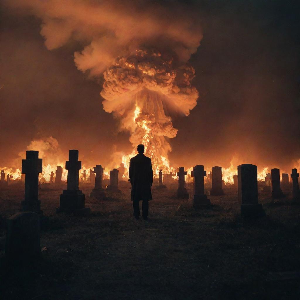 A dramatic image of a lone man standing defiantly in the midst of a cemetery during a nuclear explosion. The world around him is engulfed in flames, lit by an eerie, atomic glow.