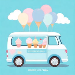 An ice cream van in blue pastel colors, designed for a baby shower invitation