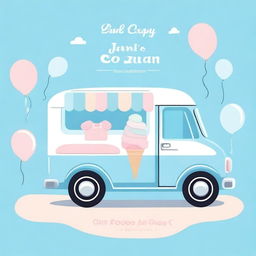 An ice cream van in blue pastel colors, designed for a baby shower invitation