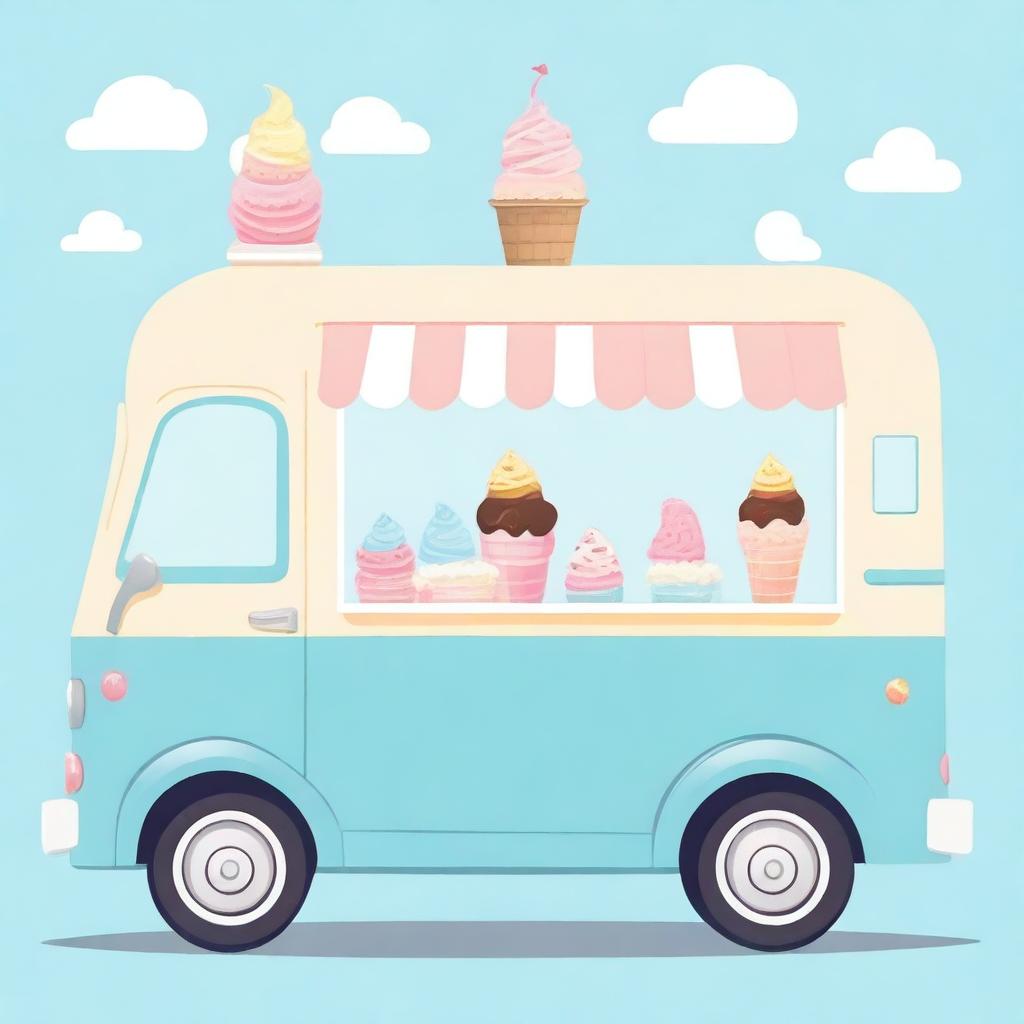 An ice cream van in blue pastel colors, designed for a baby shower invitation