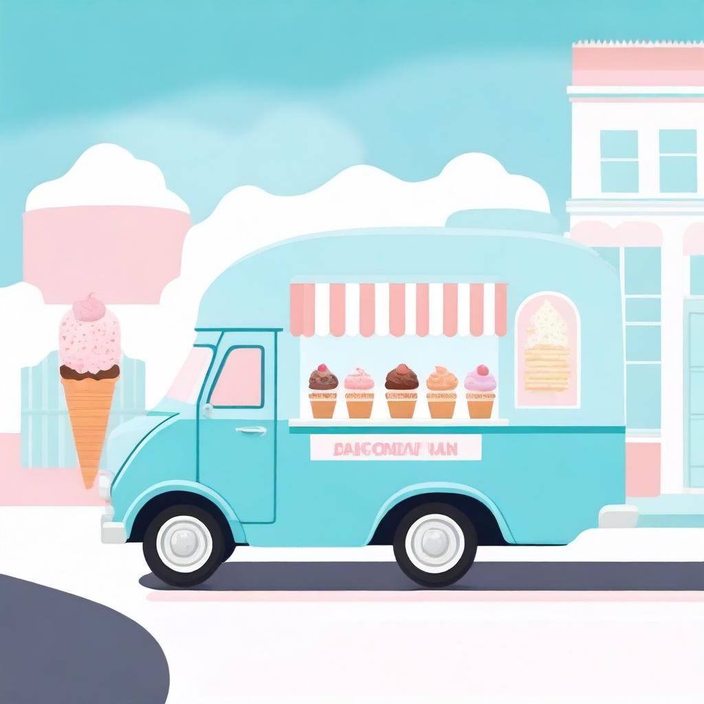 A charming ice cream van in blue pastel colors set against a clean white background