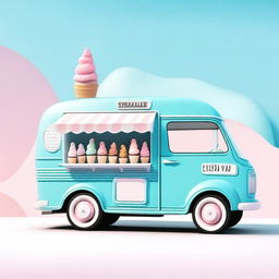 A charming ice cream van in blue pastel colors set against a clean white background