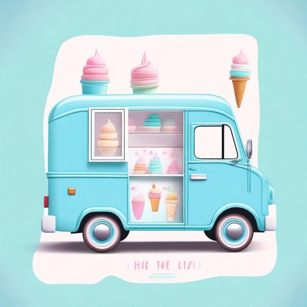 A charming ice cream van in blue pastel colors set against a clean white background