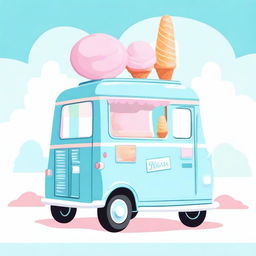 A charming ice cream van in blue pastel colors set against a clean white background