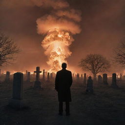 A dramatic image of a lone man standing defiantly in the midst of a cemetery during a nuclear explosion. The world around him is engulfed in flames, lit by an eerie, atomic glow.