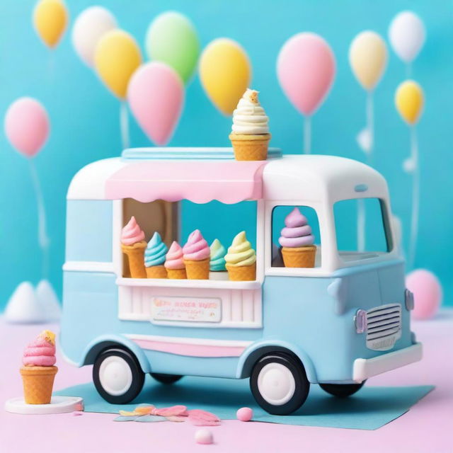 A charming ice cream van designed in blue pastel colors, perfect for a baby shower