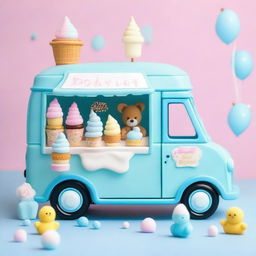 A charming ice cream van designed in blue pastel colors, perfect for a baby shower