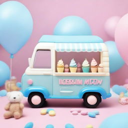 A charming ice cream van designed in blue pastel colors, perfect for a baby shower