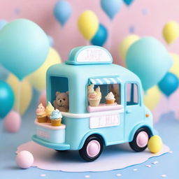 A charming ice cream van designed in blue pastel colors, perfect for a baby shower