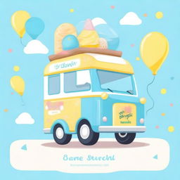 A charming ice cream van in blue and yellow pastel colors, perfect for a baby shower invitation