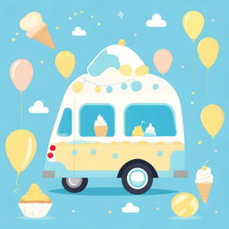 A charming ice cream van in blue and yellow pastel colors, perfect for a baby shower invitation