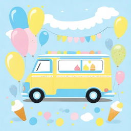 A charming ice cream van in blue and yellow pastel colors, perfect for a baby shower invitation