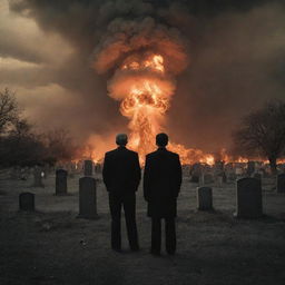 A dramatic image of a lone man standing defiantly in the midst of a cemetery during a nuclear explosion. The world around him is engulfed in flames, lit by an eerie, atomic glow.