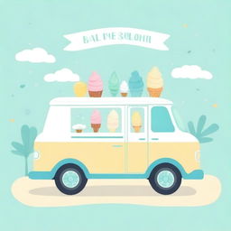 An ice cream van designed in blue, mint, and yellow pastel colors, perfect for a baby shower invitation