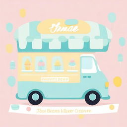 An ice cream van designed in blue, mint, and yellow pastel colors, perfect for a baby shower invitation