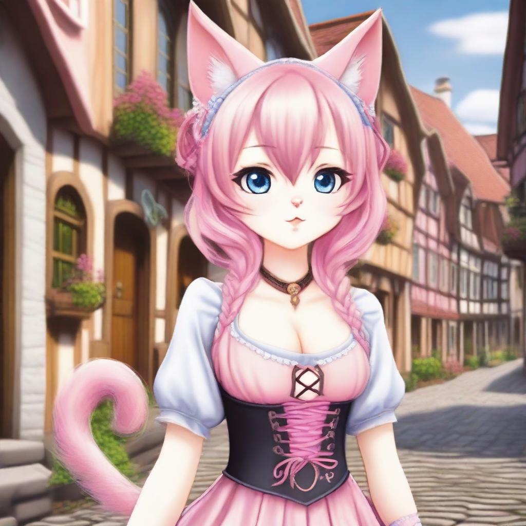 A German cat girl with pale skin and pink hair