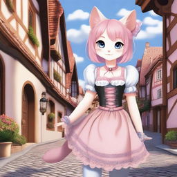 A German cat girl with pale skin and pink hair