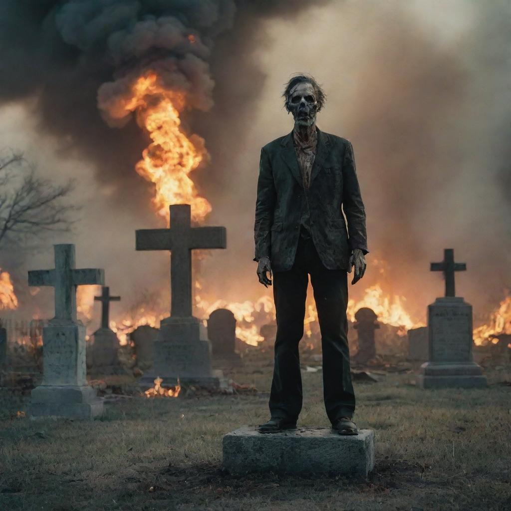 A horrifying image of a zombie-like man standing amidst a cemetery, while the world is in flames due to a nuclear explosion. The undead figure adds an extra element of terror to an already apocalyptic scene.