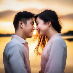 A romantic scene featuring an Asian man and an Asian woman gazing into each other's eyes