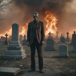 A horrifying image of a zombie-like man standing amidst a cemetery, while the world is in flames due to a nuclear explosion. The undead figure adds an extra element of terror to an already apocalyptic scene.