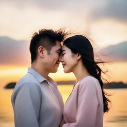 A romantic scene featuring an Asian man and an Asian woman gazing into each other's eyes