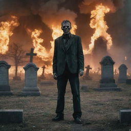 A horrifying image of a zombie-like man standing amidst a cemetery, while the world is in flames due to a nuclear explosion. The undead figure adds an extra element of terror to an already apocalyptic scene.