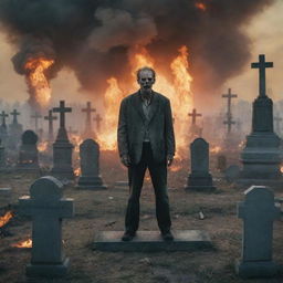 A horrifying image of a zombie-like man standing amidst a cemetery, while the world is in flames due to a nuclear explosion. The undead figure adds an extra element of terror to an already apocalyptic scene.