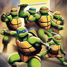 Create an image featuring the Teenage Mutant Ninja Turtles in action, showcasing their unique weapons and personalities