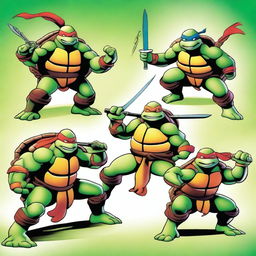 Create an image featuring the Teenage Mutant Ninja Turtles in action, showcasing their unique weapons and personalities