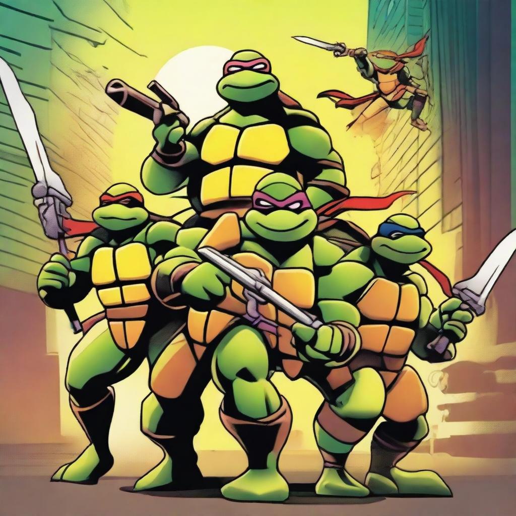 Create an image featuring the Teenage Mutant Ninja Turtles in action, showcasing their unique weapons and personalities