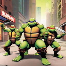 Create an image featuring the Teenage Mutant Ninja Turtles in action, showcasing their unique weapons and personalities