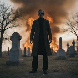 A haunting image of a decaying man standing defiant in a cemetery post-nuclear explosion. The world around him is ablaze, creating a stark backdrop to his morbid silhouette.