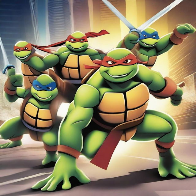 Create an image featuring the Teenage Mutant Ninja Turtles in action, showcasing their unique weapons and personalities