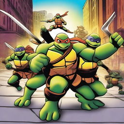 Create an image featuring the Teenage Mutant Ninja Turtles in action, showcasing their unique weapons and personalities