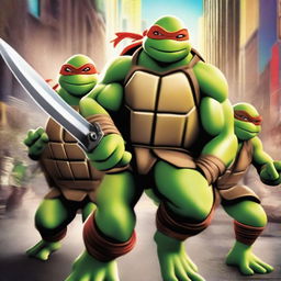 Create an image featuring the Teenage Mutant Ninja Turtles in action, showcasing their unique weapons and personalities