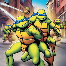 Create an image featuring the Teenage Mutant Ninja Turtles in action, showcasing their unique weapons and personalities