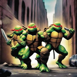 A vibrant and action-packed scene featuring the Teenage Mutant Ninja Turtles in a dynamic battle pose