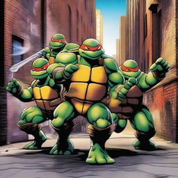 A vibrant and action-packed scene featuring the Teenage Mutant Ninja Turtles in a dynamic battle pose