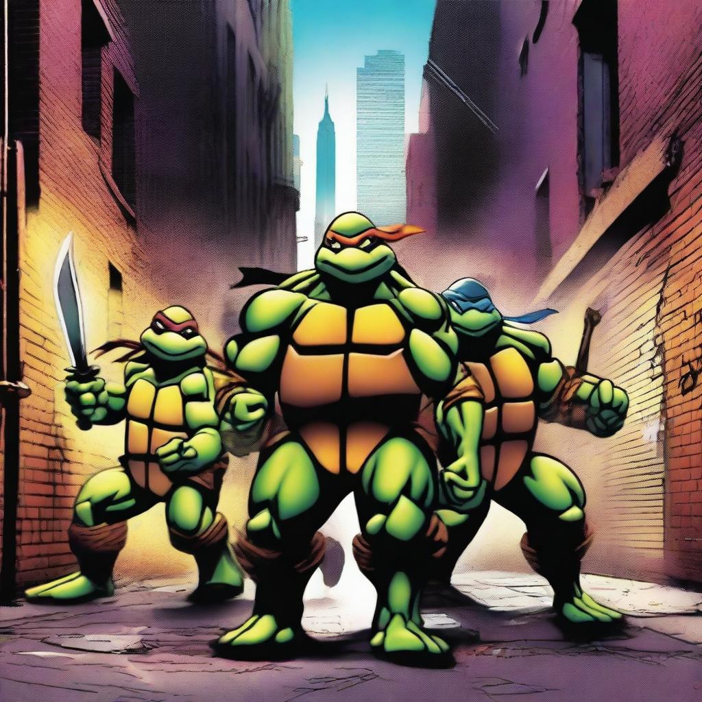 A vibrant and action-packed scene featuring the Teenage Mutant Ninja Turtles in a dynamic battle pose